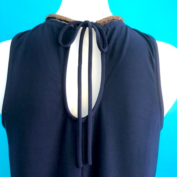 BLUE S NAVY BLUE TANK TOP•BEADED COLLAR TRIM•BACK CUTOUT WITH TIE AT NECK•sz M - Picture 6 of 11